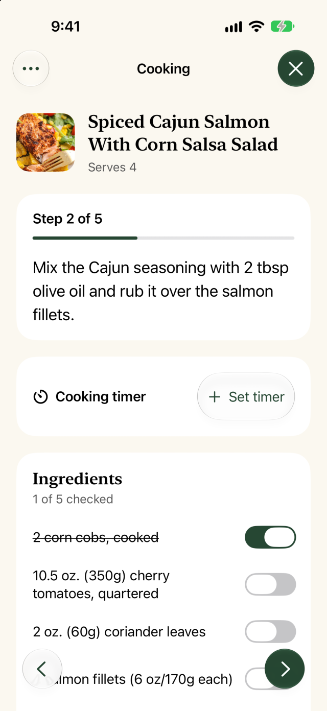 Actual Cook with Kim cooking mode at step two, with ingredient checkmarks and native timer controls