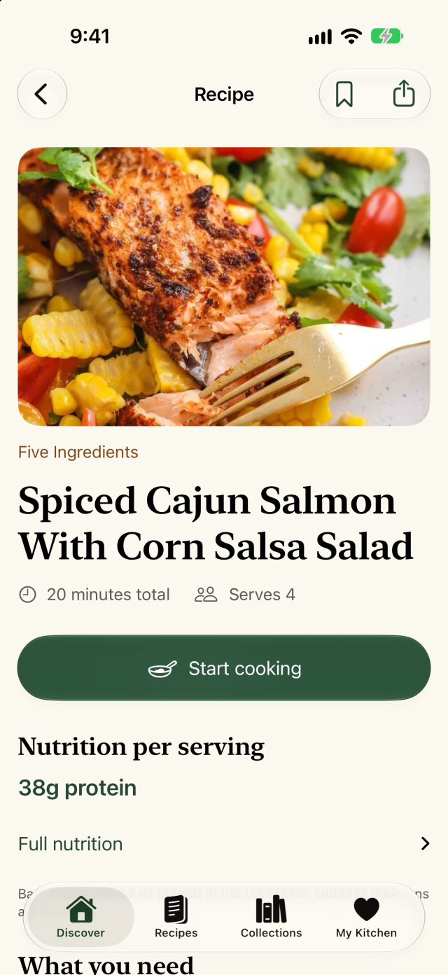 Actual Cook with Kim recipe view showing the original food photo, timing, serving yield, cooking action and base nutrition