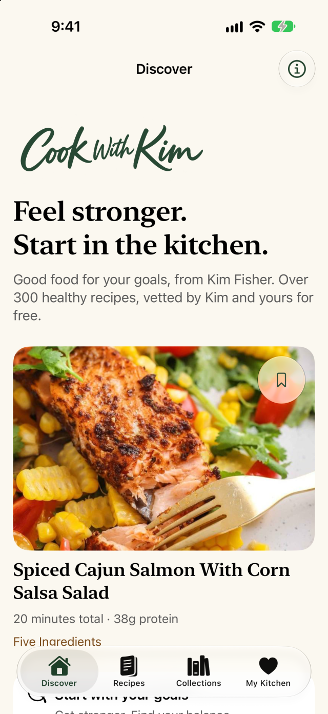 Actual Cook with Kim Discover screen, with a Cajun salmon recipe and everyday meal ideas